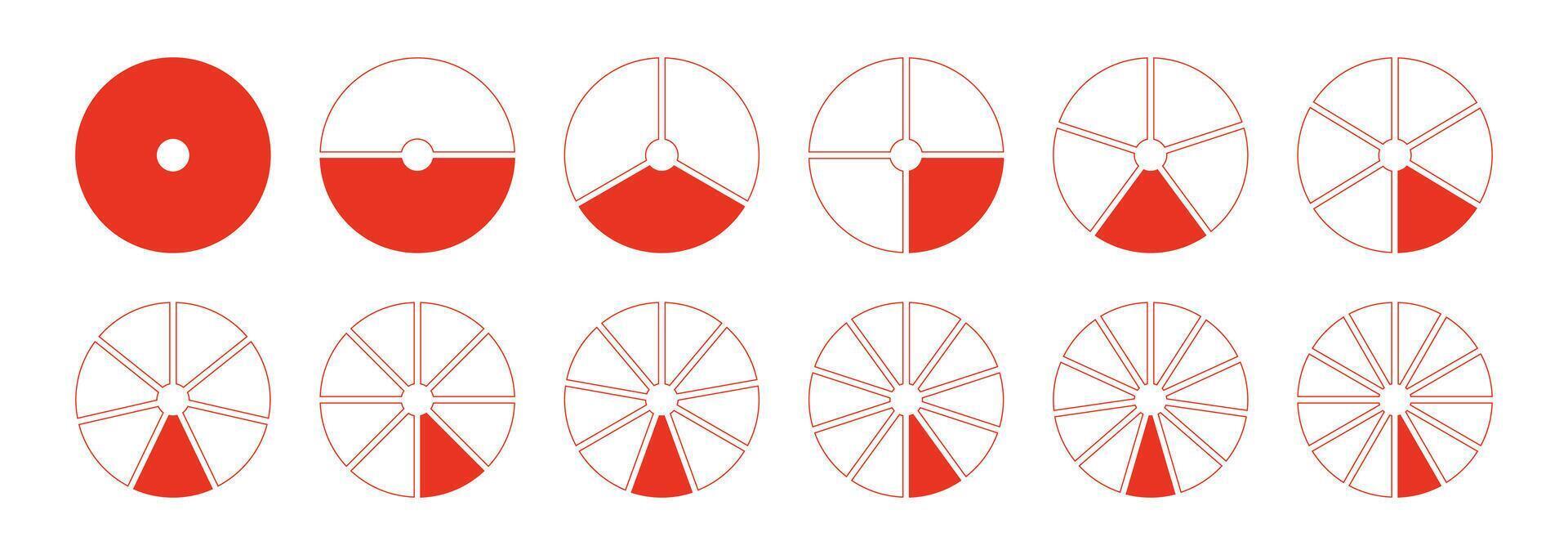 Circles divided diagrams 1, 2, 3, 10, 7, 8, 9, 10, 11, 12 equal parts. Red segments wheel round divide infographic. Graph pie, pizza shape section charts simple icons. Coaching blank template. vector