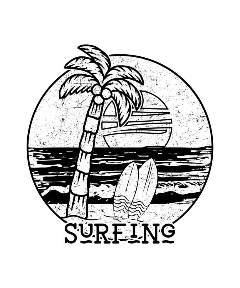 Surfing surfboard beach line art t-shirt design vector