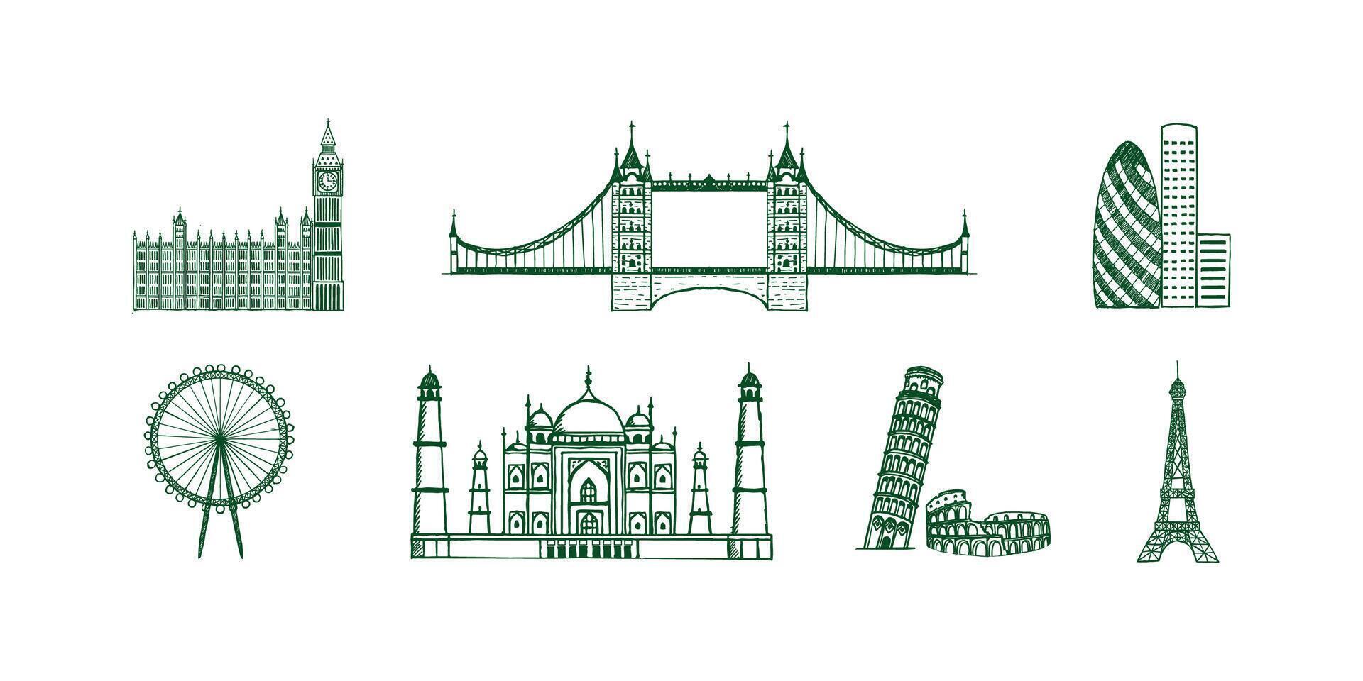 Colorful collection of world travel icons representing famous landmarks, transport, and vacation themes for global tourism and adventure design projects vector