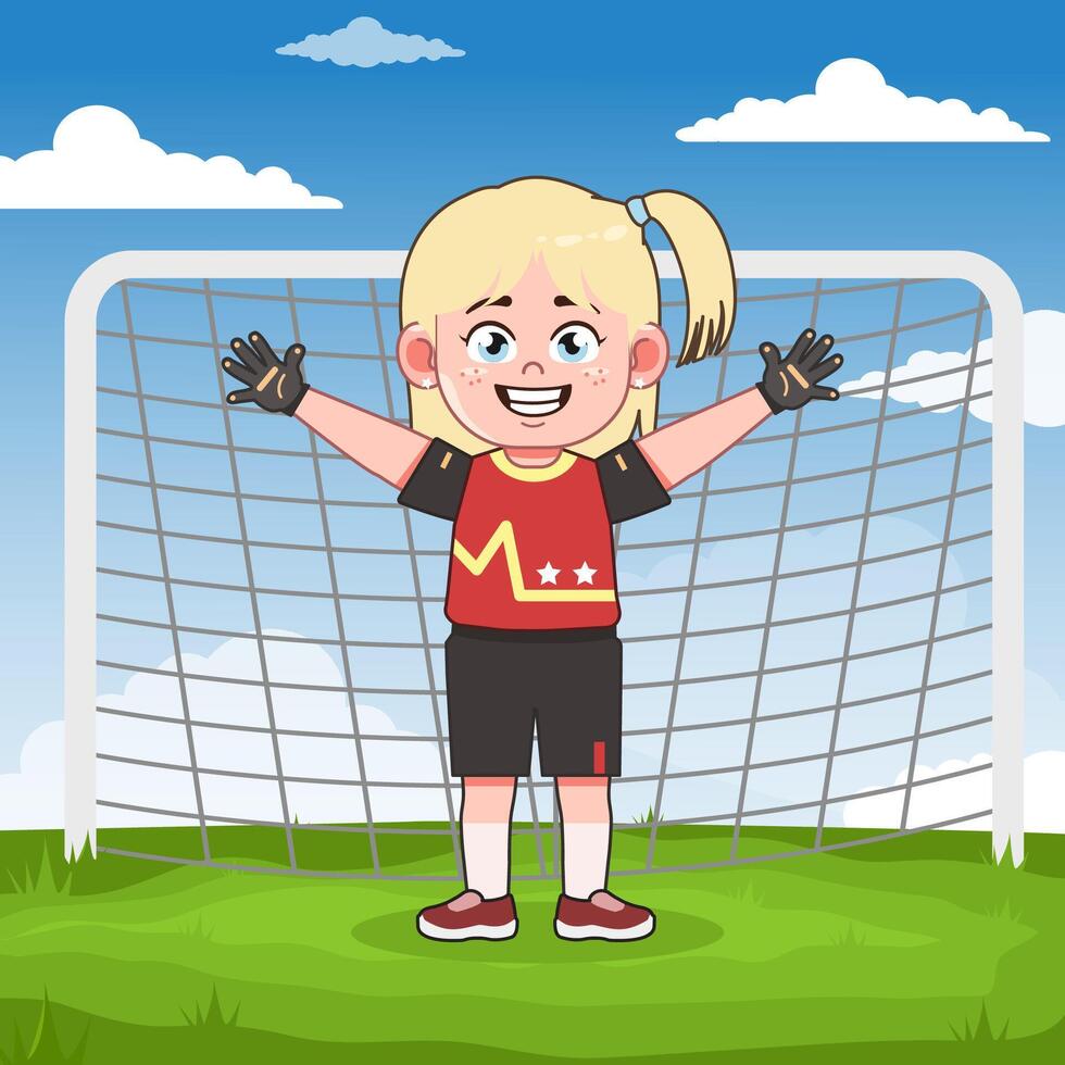 Young girl happily posing as goalkeeper vector
