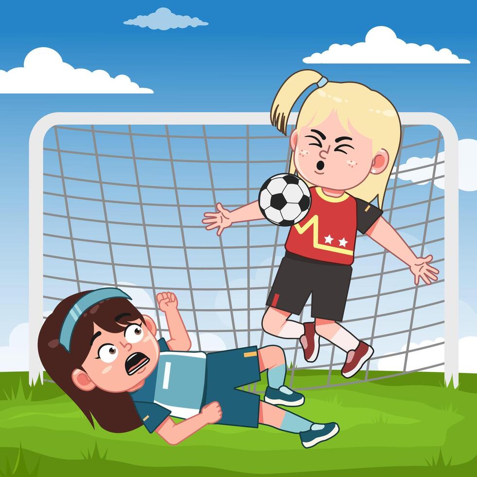 Girls playing soccer in animated scene vector
