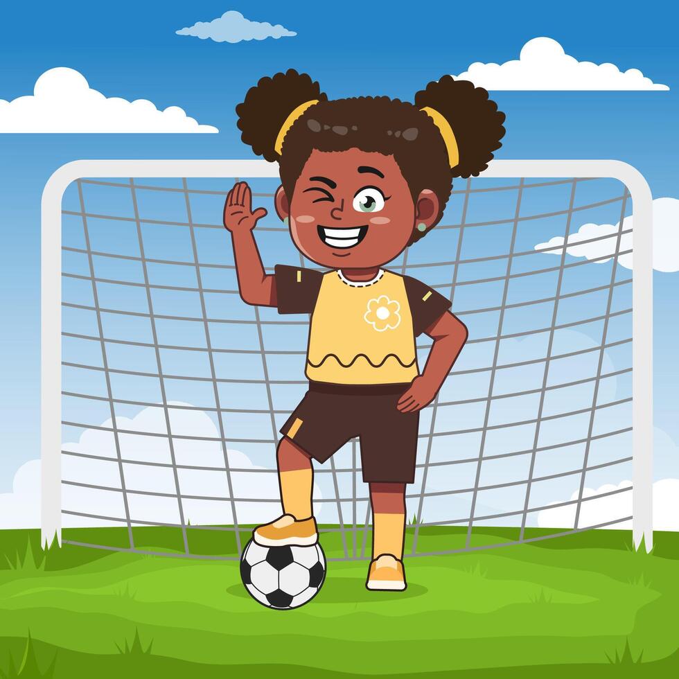 Smiling girl with soccer ball in goal vector