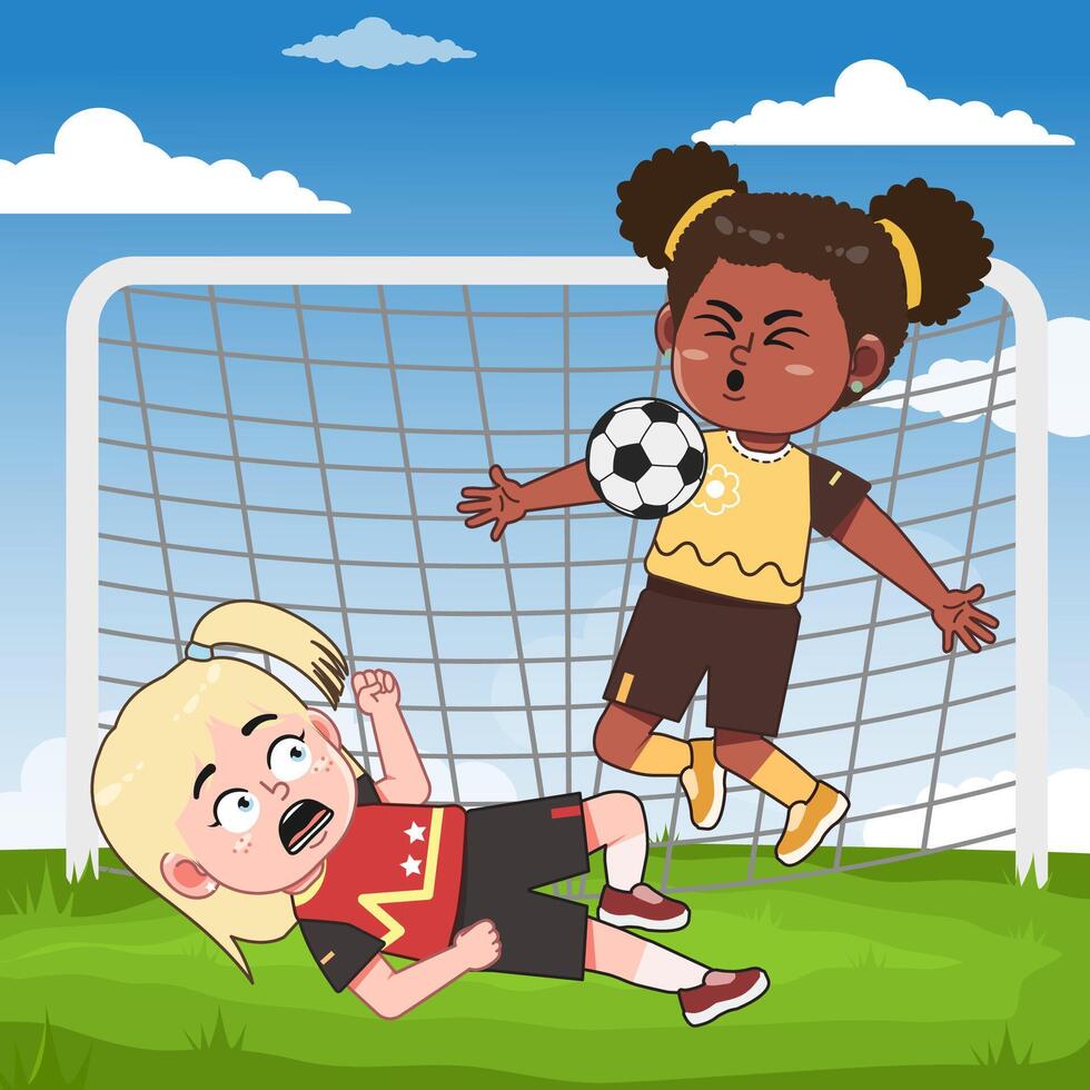 Cute Girl Character Playing Football With Friend Happy vector