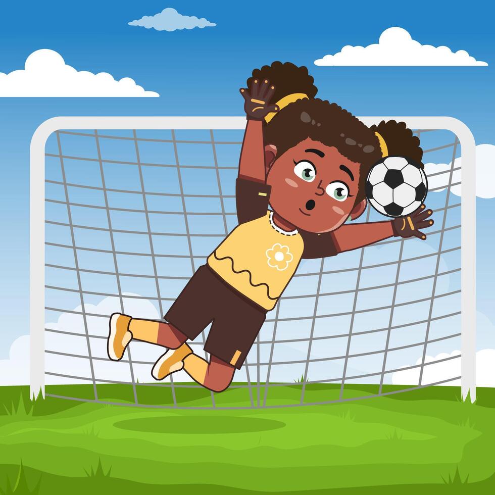 Cute African American Girl Cartoon Character Playing Football Keeper Catch Ball vector