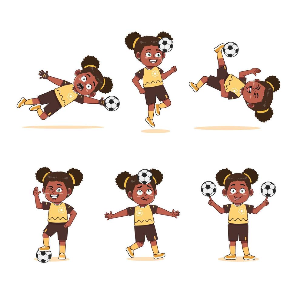 collections of Cute African American Girl Character Cartoon Playing Football vector