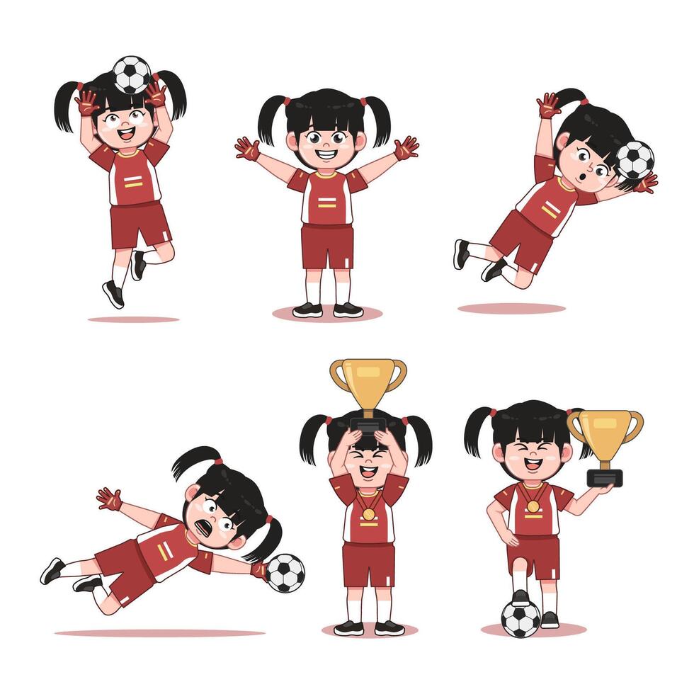 Set of Cute Chinese Girl Character twin tail hair Playing Football vector