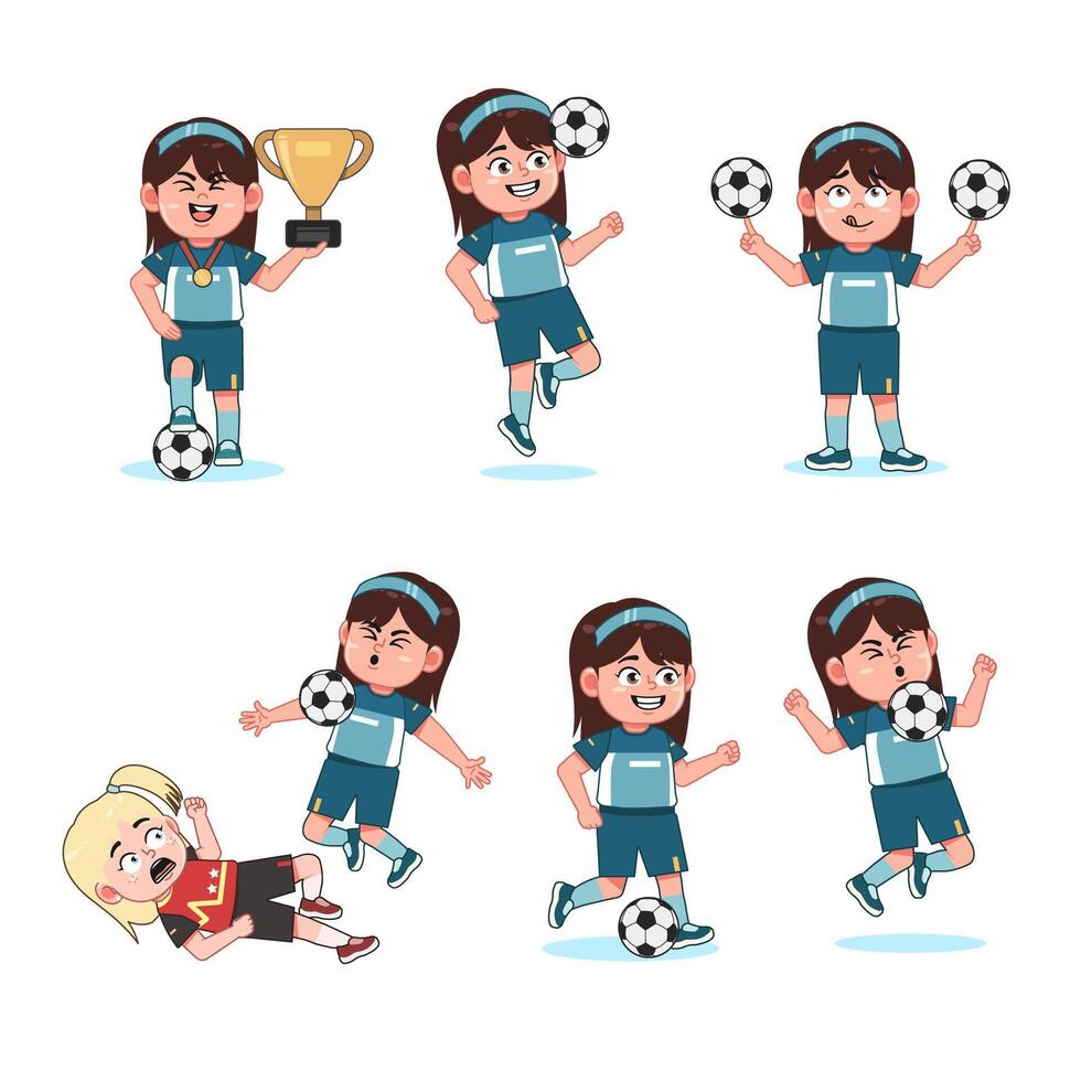 Cute Girl Long Hair Character Playing Football with different pose set vector