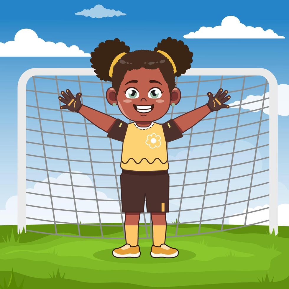 Cute African American Girl Cartoon Character Playing Football Keeper vector