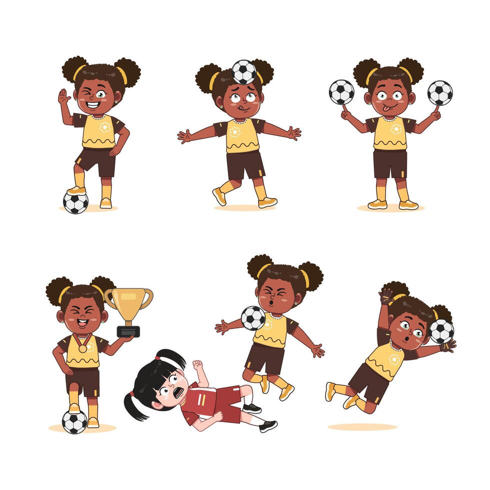 Cute African American Black Girl Character Cartoon Playing Football Set vector