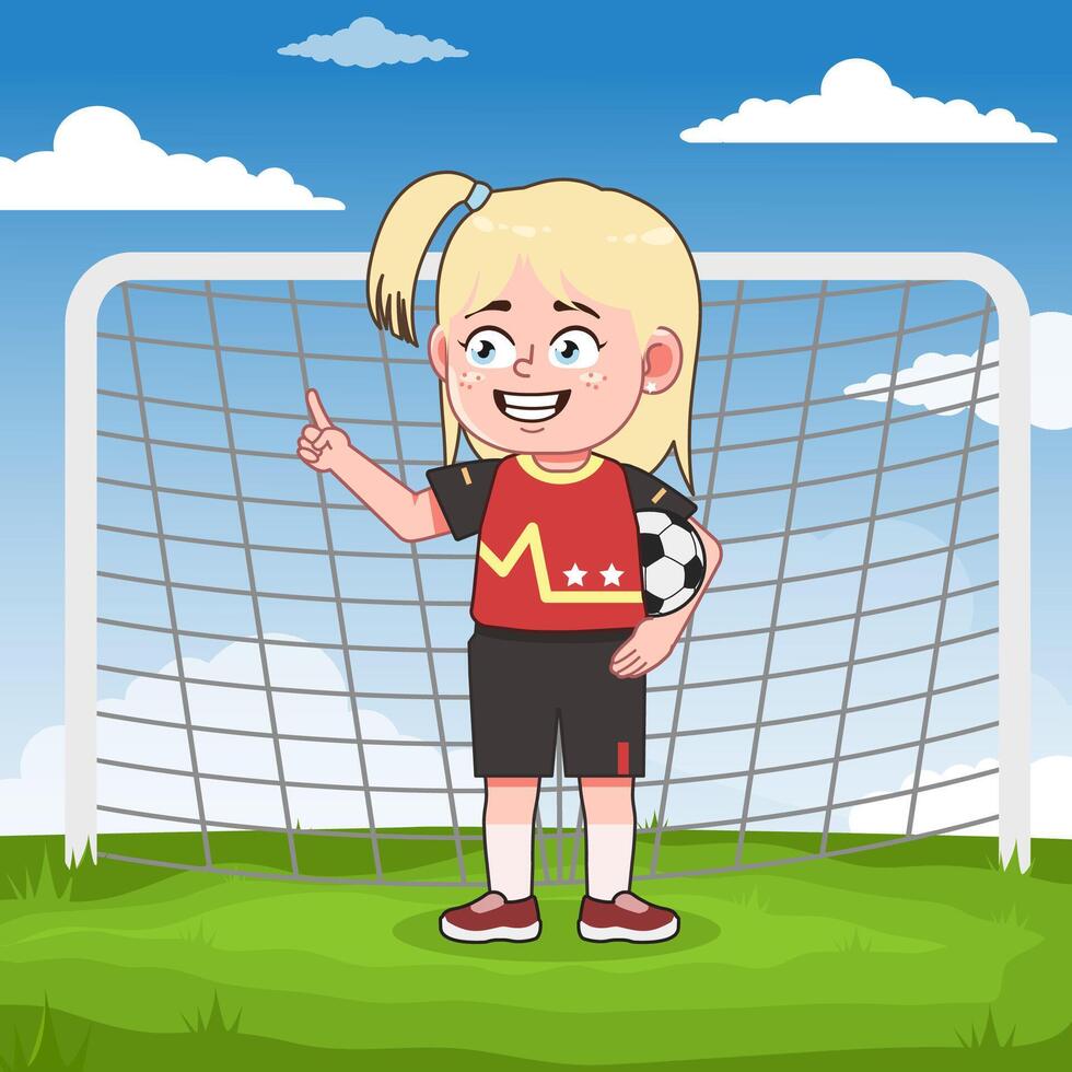 Cute Blonde Girl Cartoon Character Playing Football Pointing Finger vector