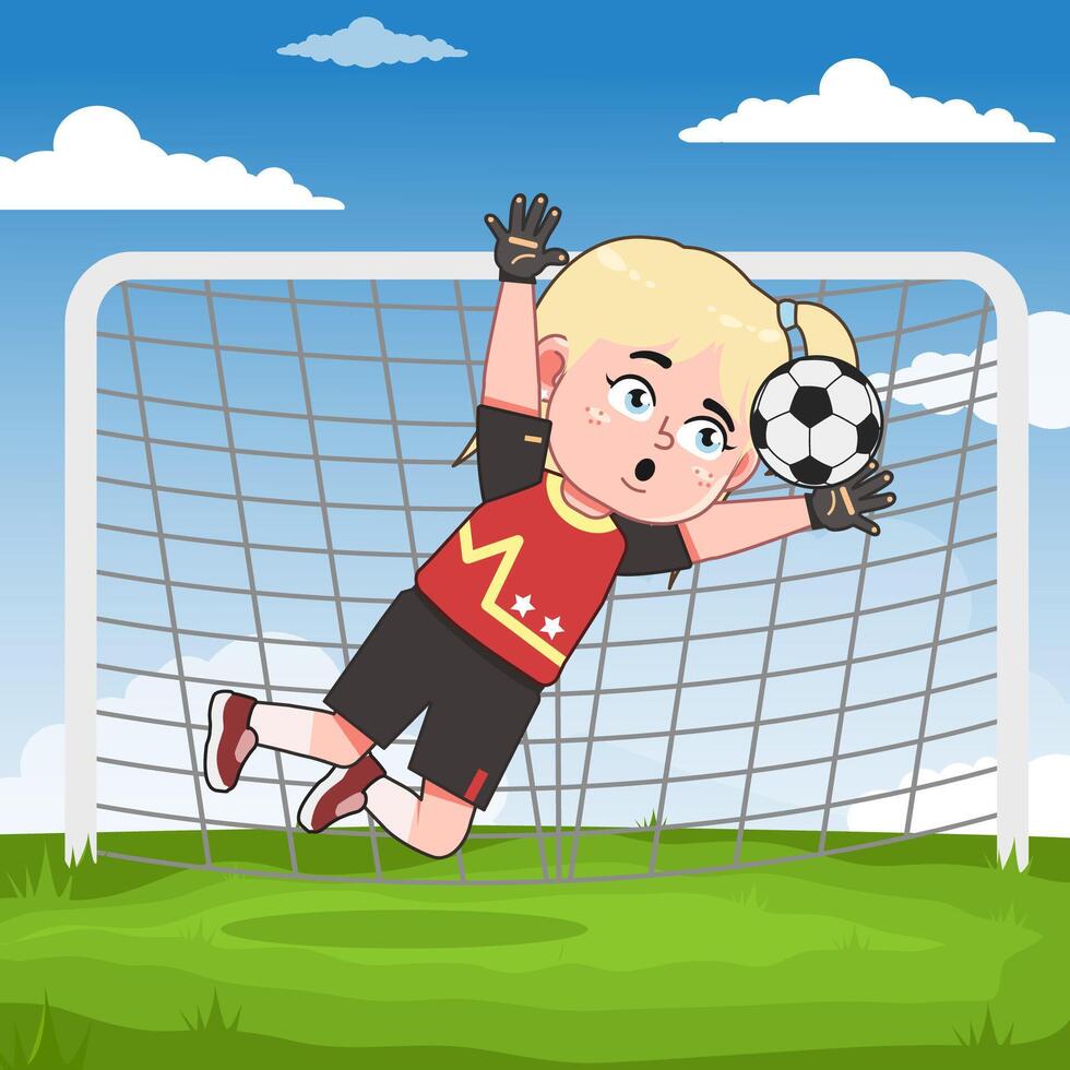 Cute Blonde Girl Cartoon Character Playing Football Catch Ball Keeper vector