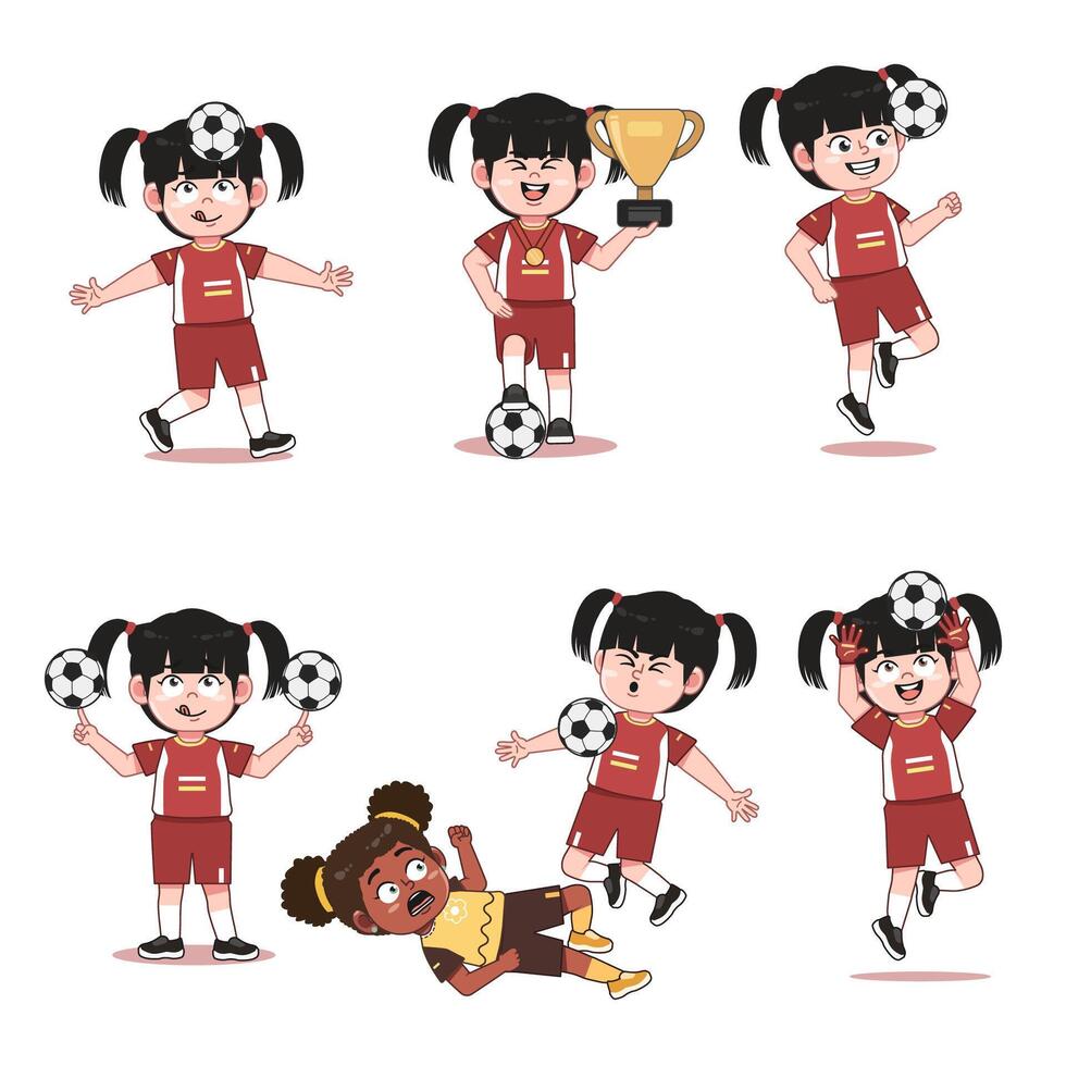 Cute Chinese Girl Character twin tail hair Playing Football Set vector