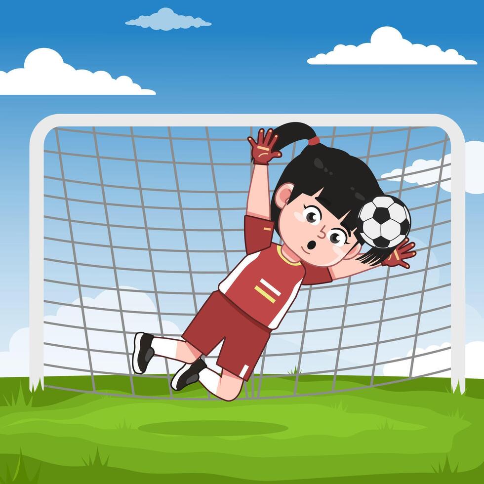 Cute Chinese Girl Character Playing Football Catch Ball vector