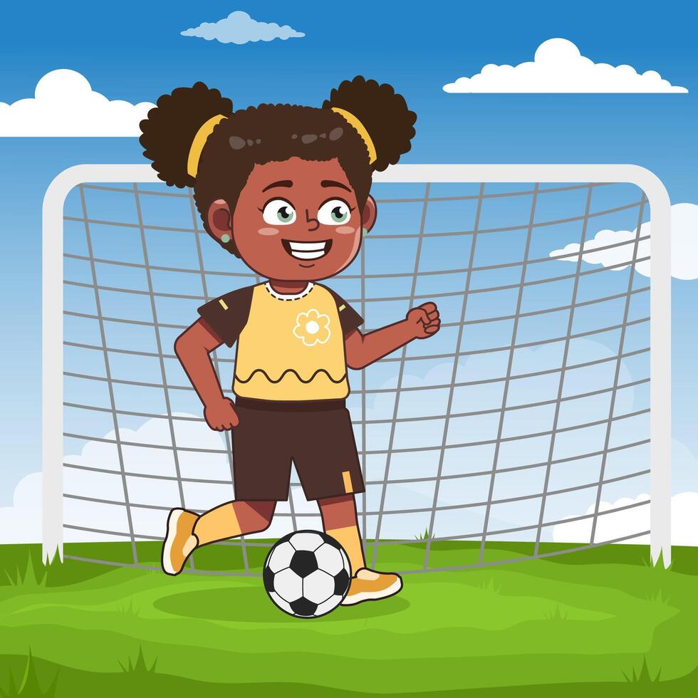 Cute African American Girl Cartoon Character Playing Football Dribble vector