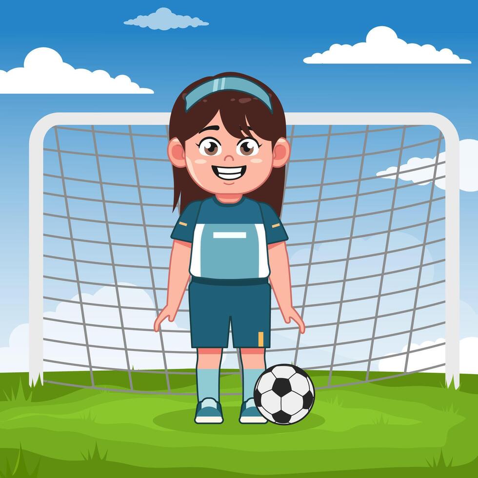 Cute Girl Cartoon Character Playing Football Stand and Smile vector