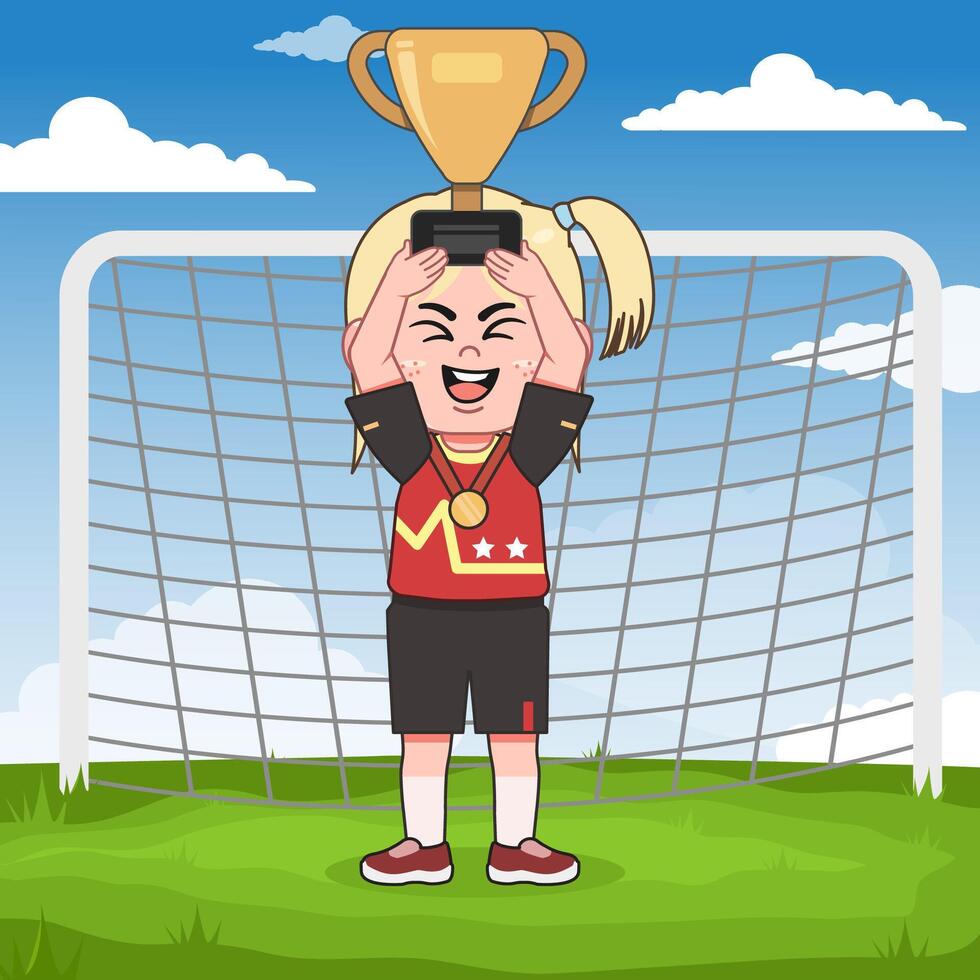 Cute Blonde Girl Character Playing Football Lifting Trophy vector