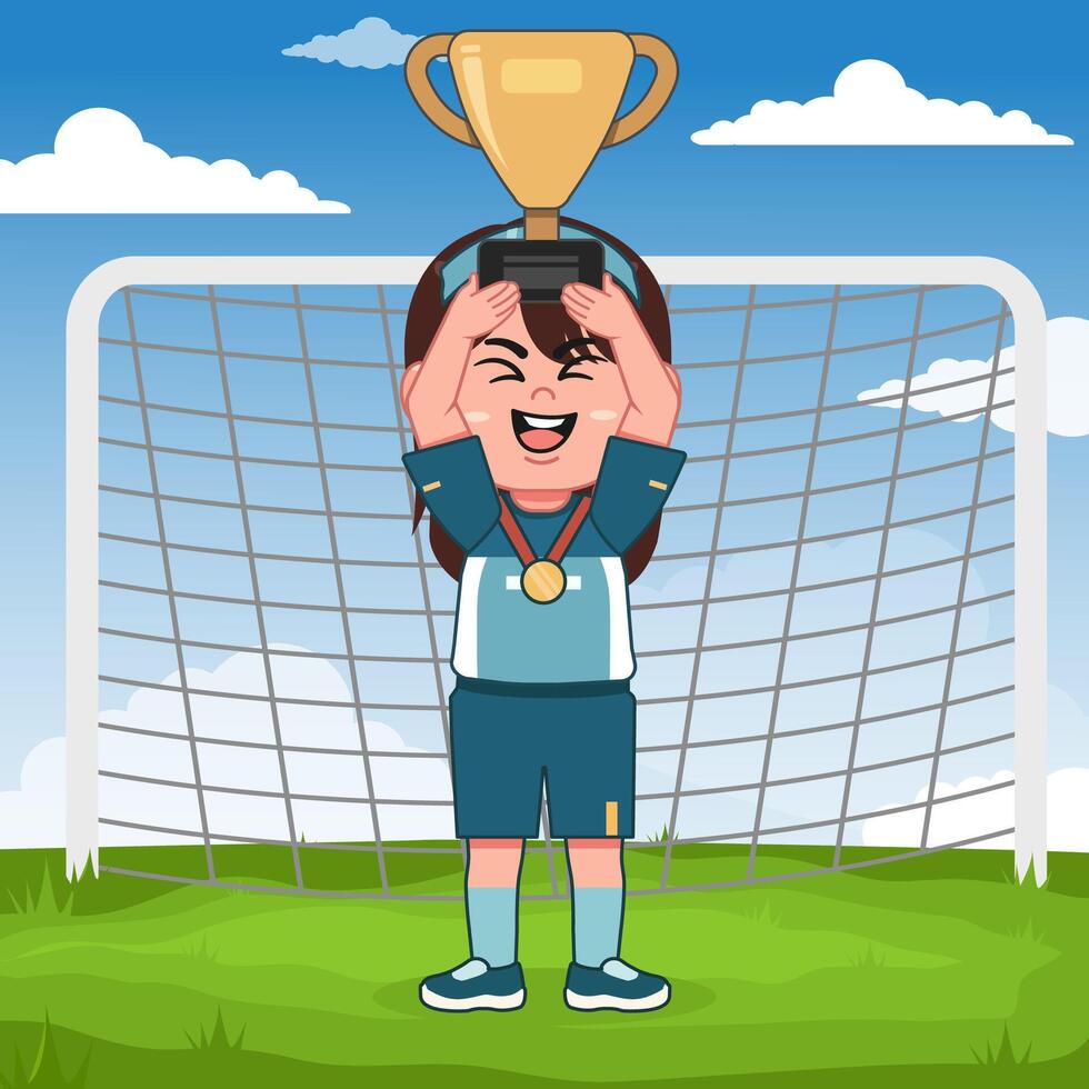 Cute Girl Character Playing Football Lifting Trophy vector
