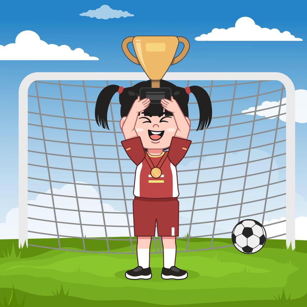 Cute Chinese Girl Cartoon Character Playing Football Lifting Trophy vector