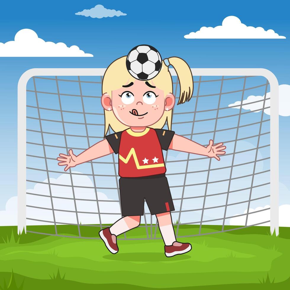 Cute Blonde Girl Cartoon Character Playing Football Head Control vector