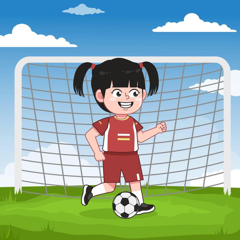 Cute Chinese Girl Character Playing Football Run vector
