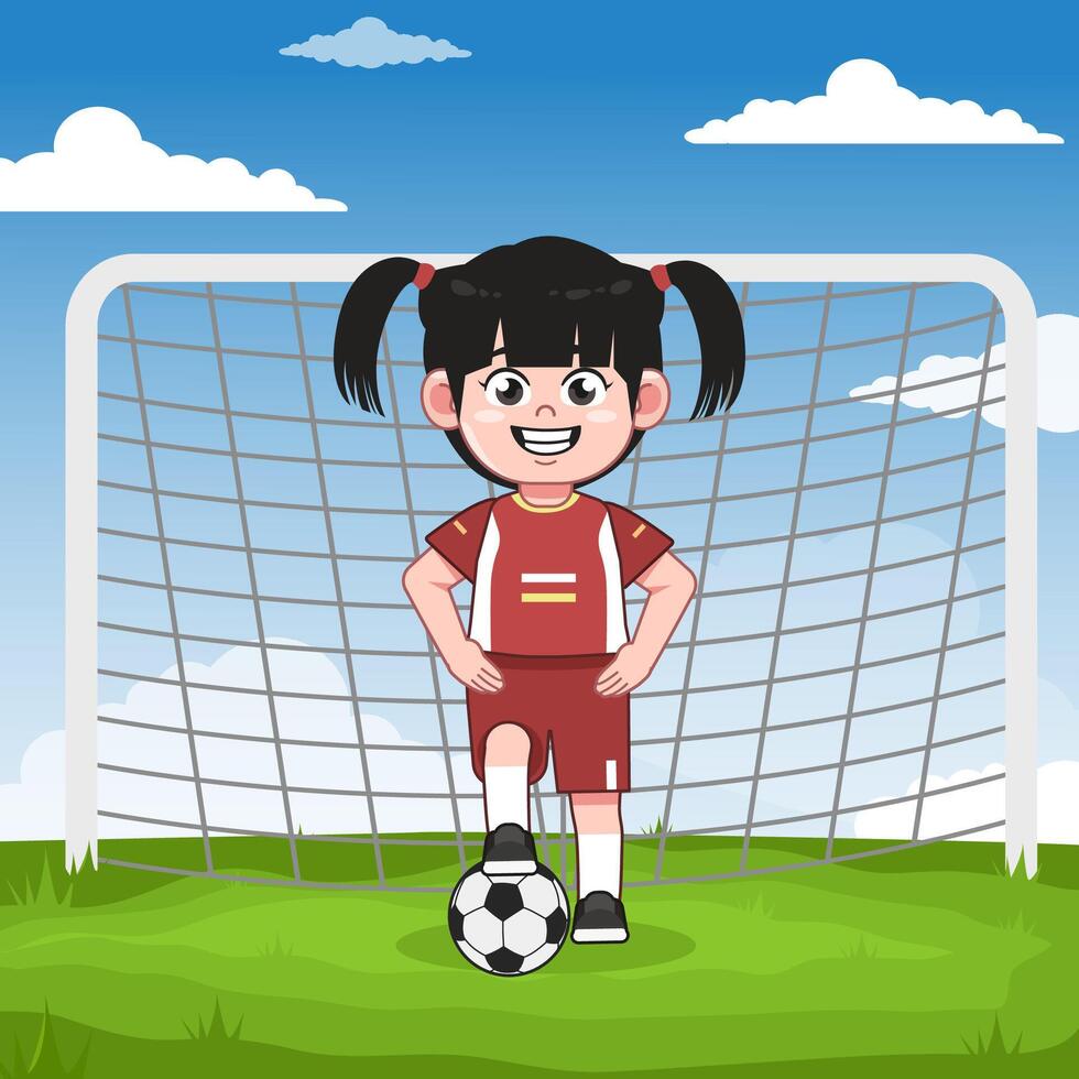 Cute Chinese Girl Character Playing Football Pose vector