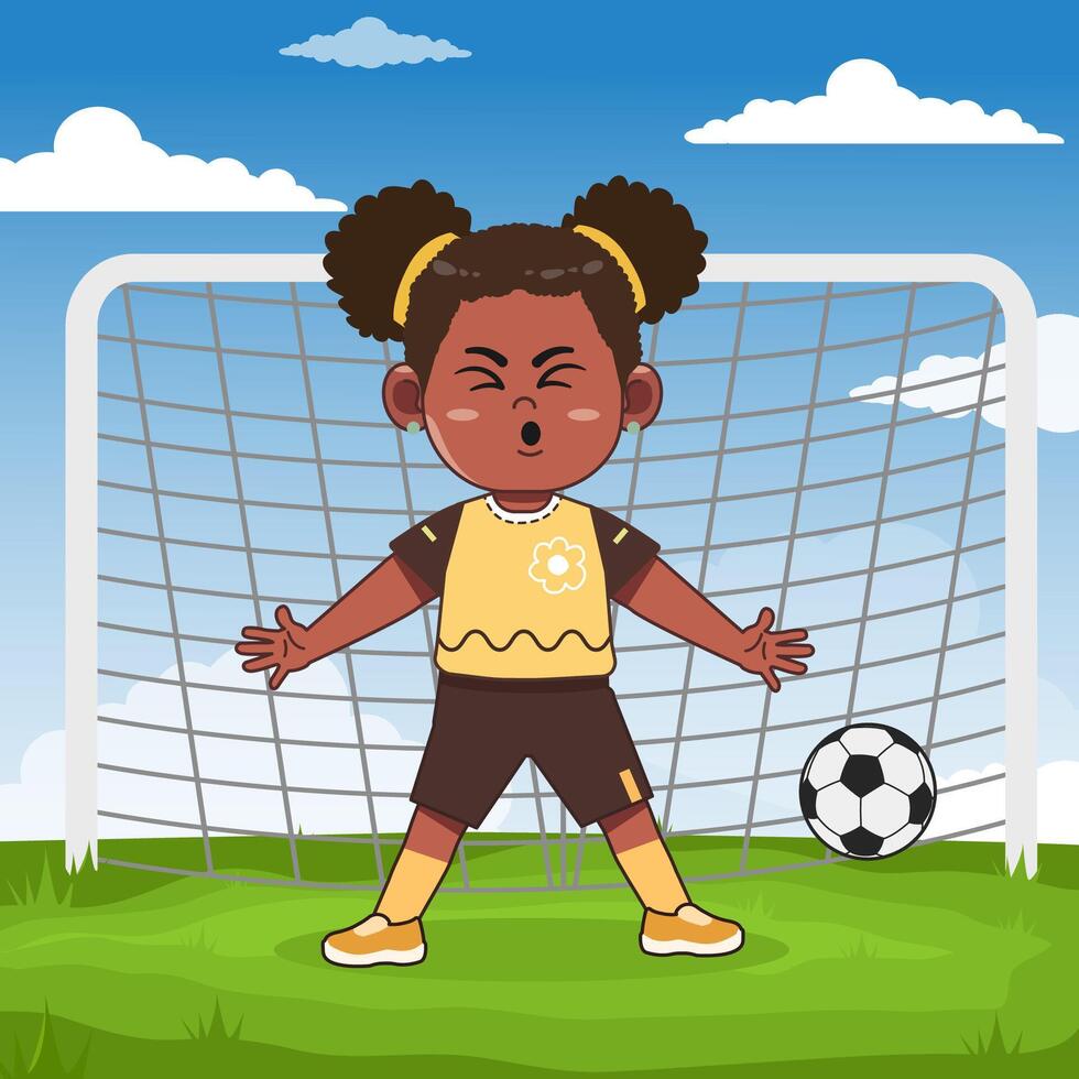 Cute African American Girl Cartoon Character Playing Football Goal Pose vector