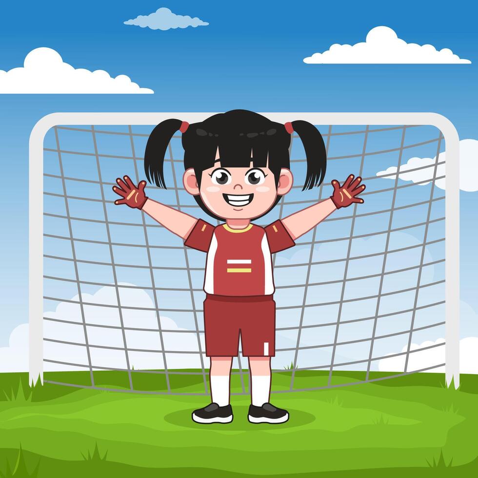 Cute Chinese Girl Character Playing Football Keeper Pose vector