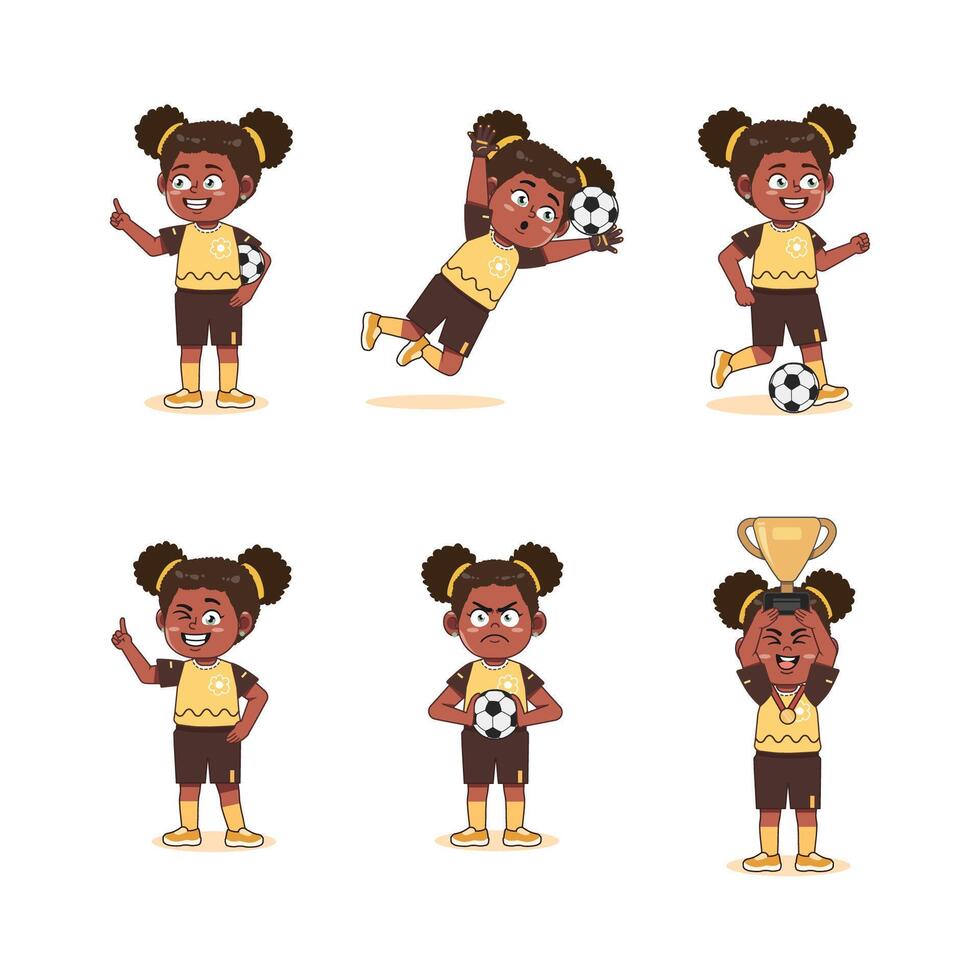 Cute African American Girl Character Playing Football with different pose vector