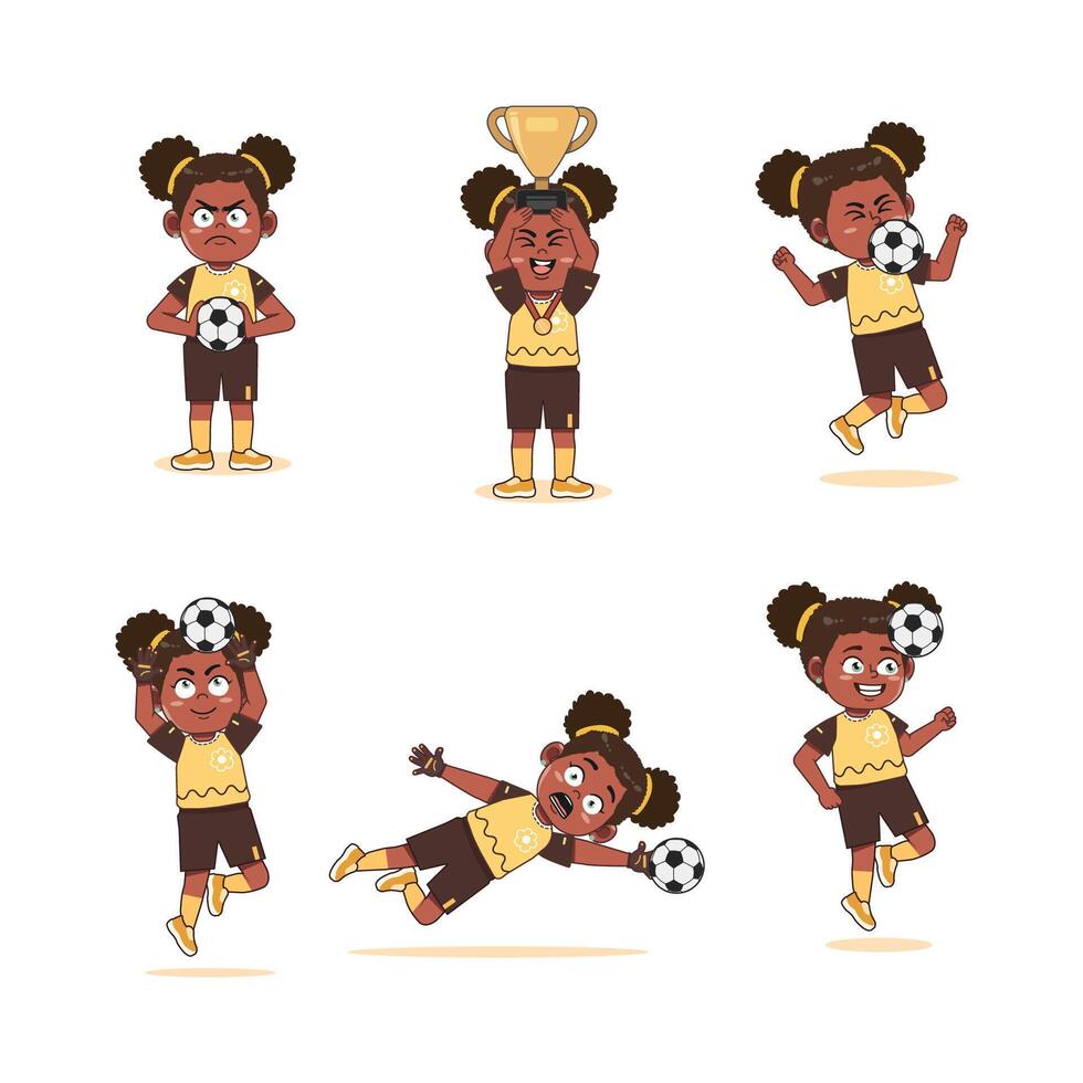 Cute African American Girl Character Cartoon Playing Football Set vector