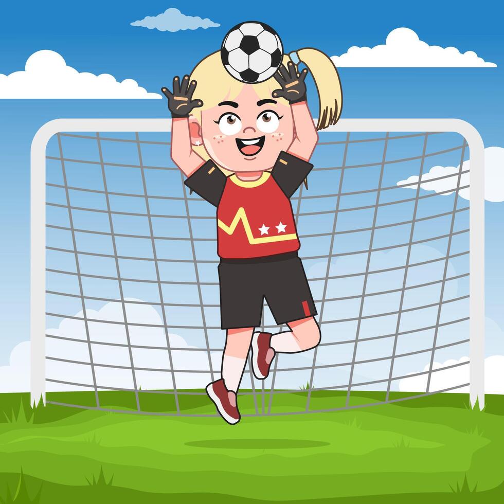 Cute Blonde Girl Character Playing Football Catch Ball vector
