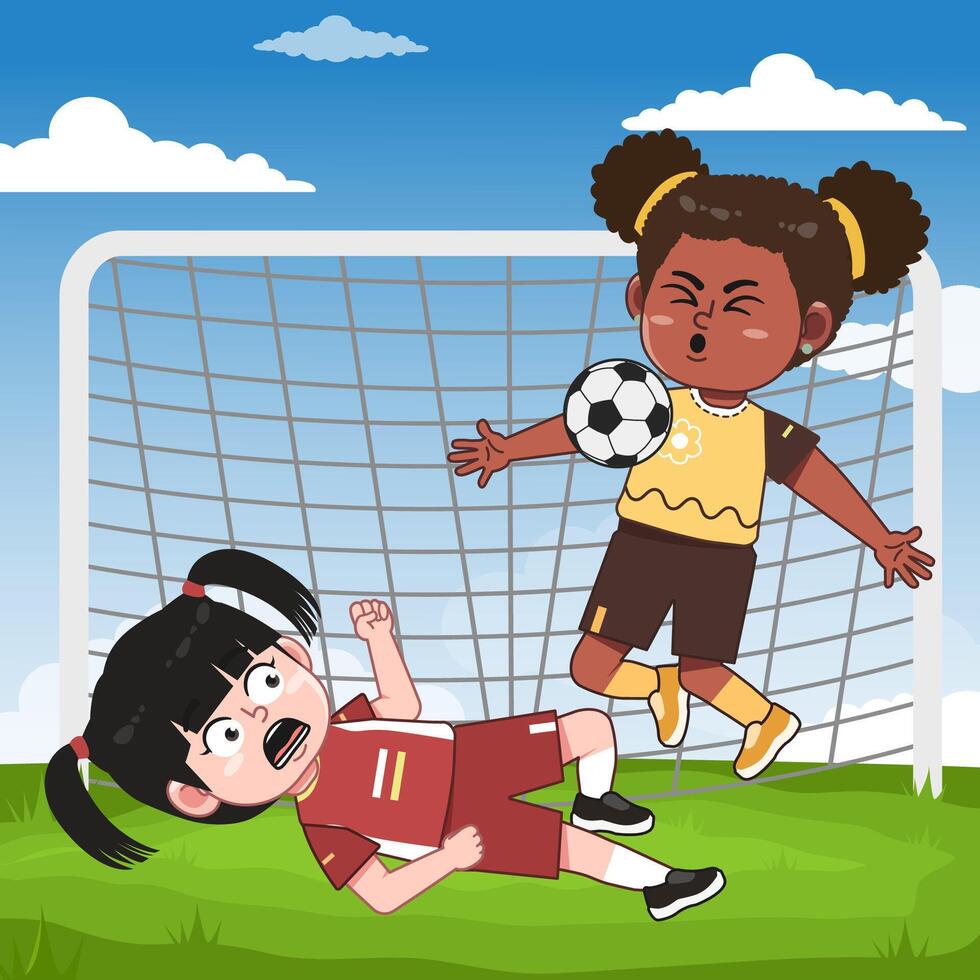 Cute Girl Cartoon Character Playing Football With Friend Versus vector