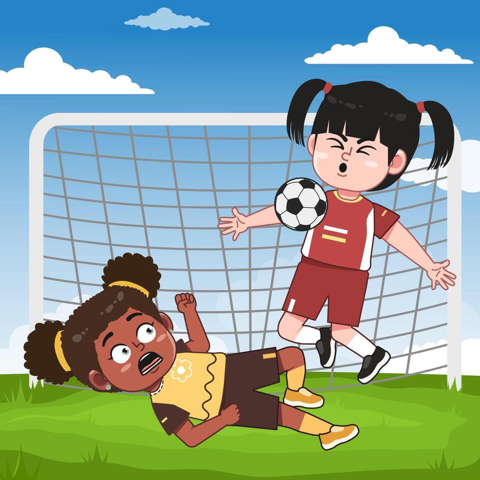 Cute Girl Character Playing Football With Friend vector