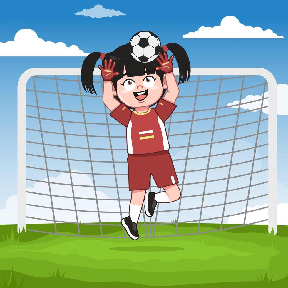 Cute Chinese Girl Cartoon Character Playing Football Jump and Catch Ball vector