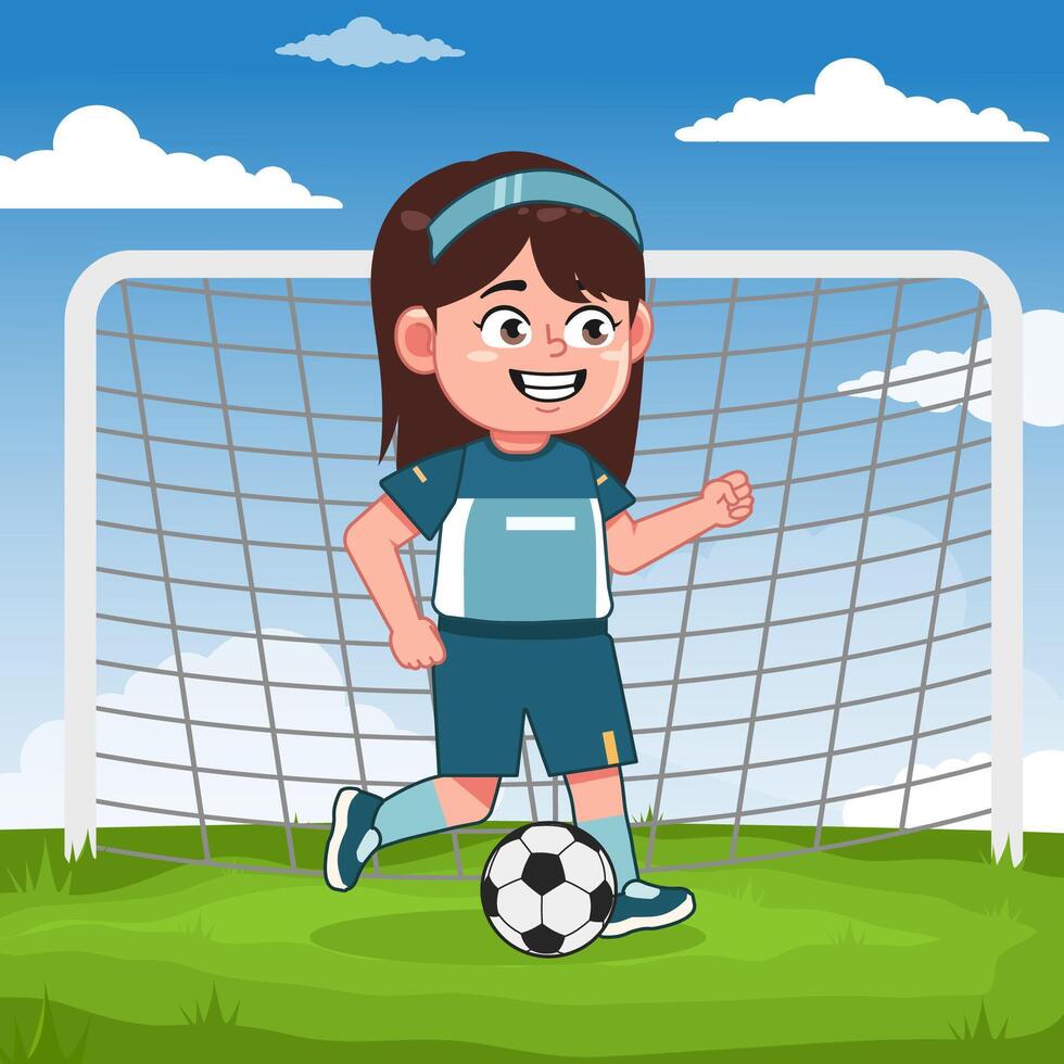 Cute Girl Cartoon Character Playing Football Dribble vector