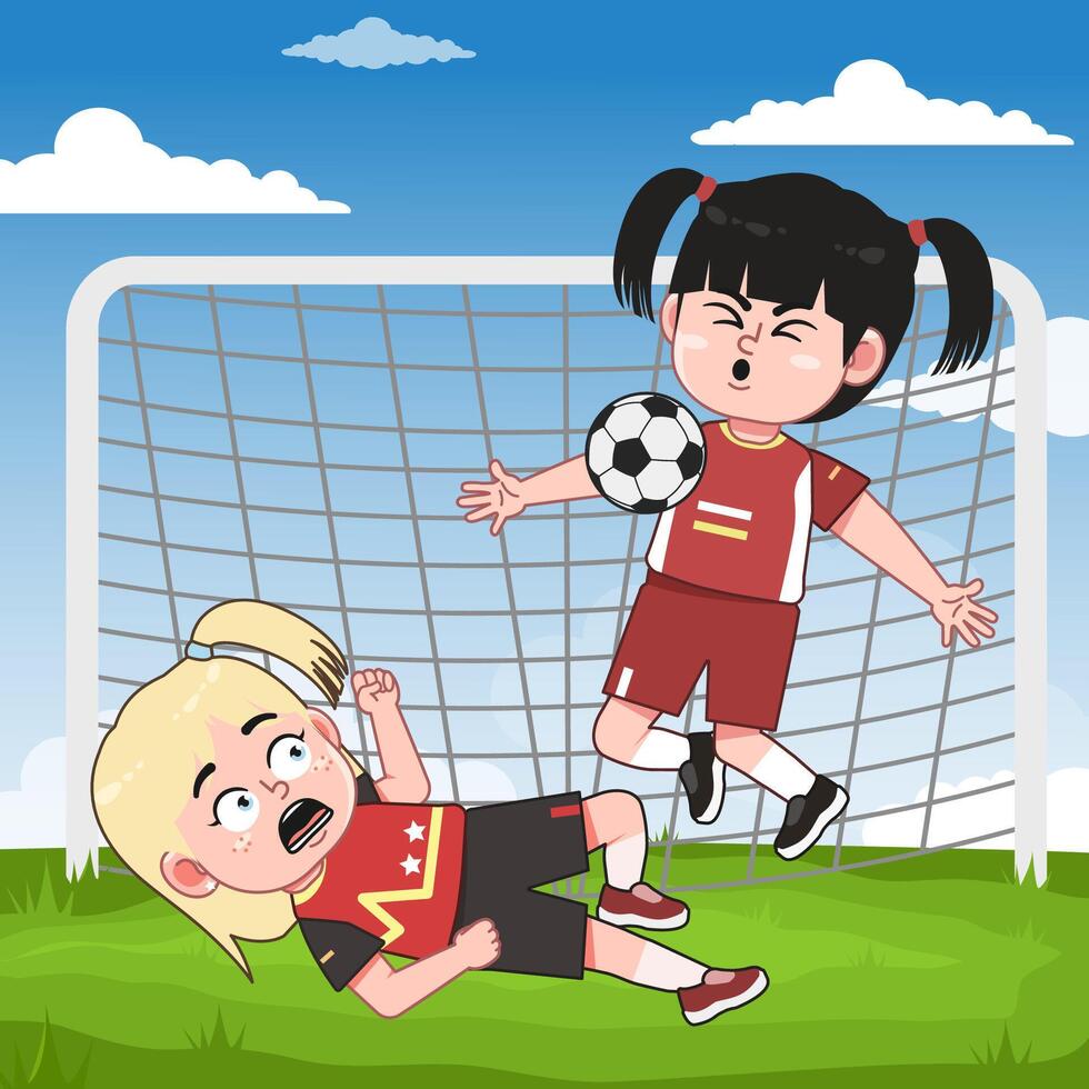 Cute Girl Character Playing Football With Friends vector