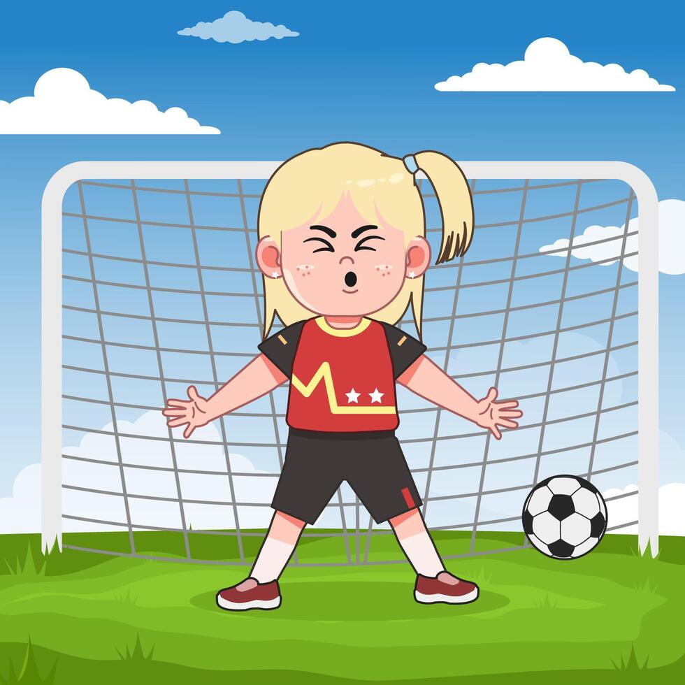 Cute Blonde Girl Cartoon Character Playing Football Goal Pose vector