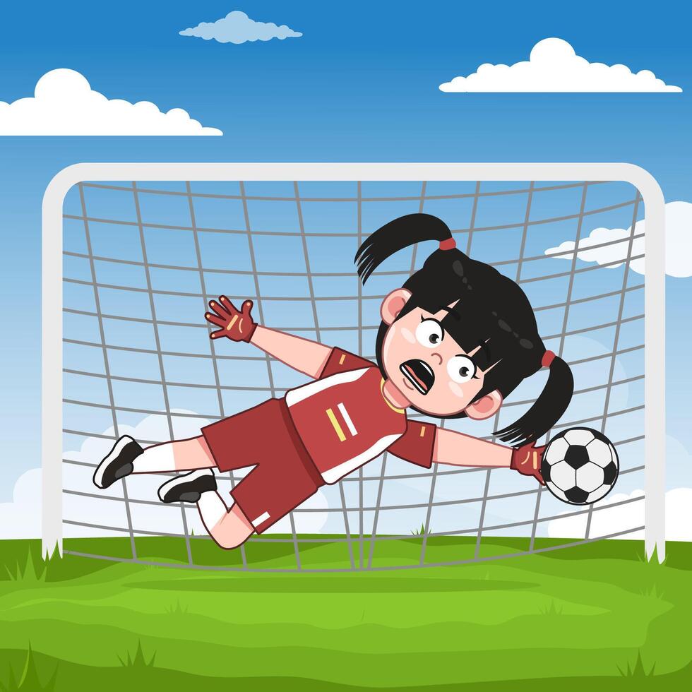 Cute Chinese Girl Cartoon Character Playing Football Keeper vector