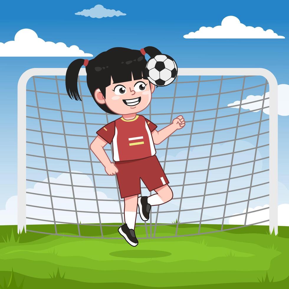 Cute Chinese Girl Cartoon Character Playing Football Header vector