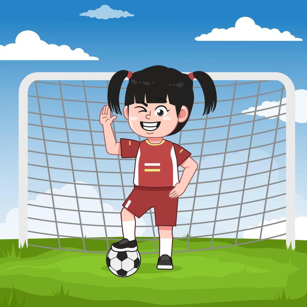 Cute Chinese Girl Cartoon Character Playing Football Goal Pose vector