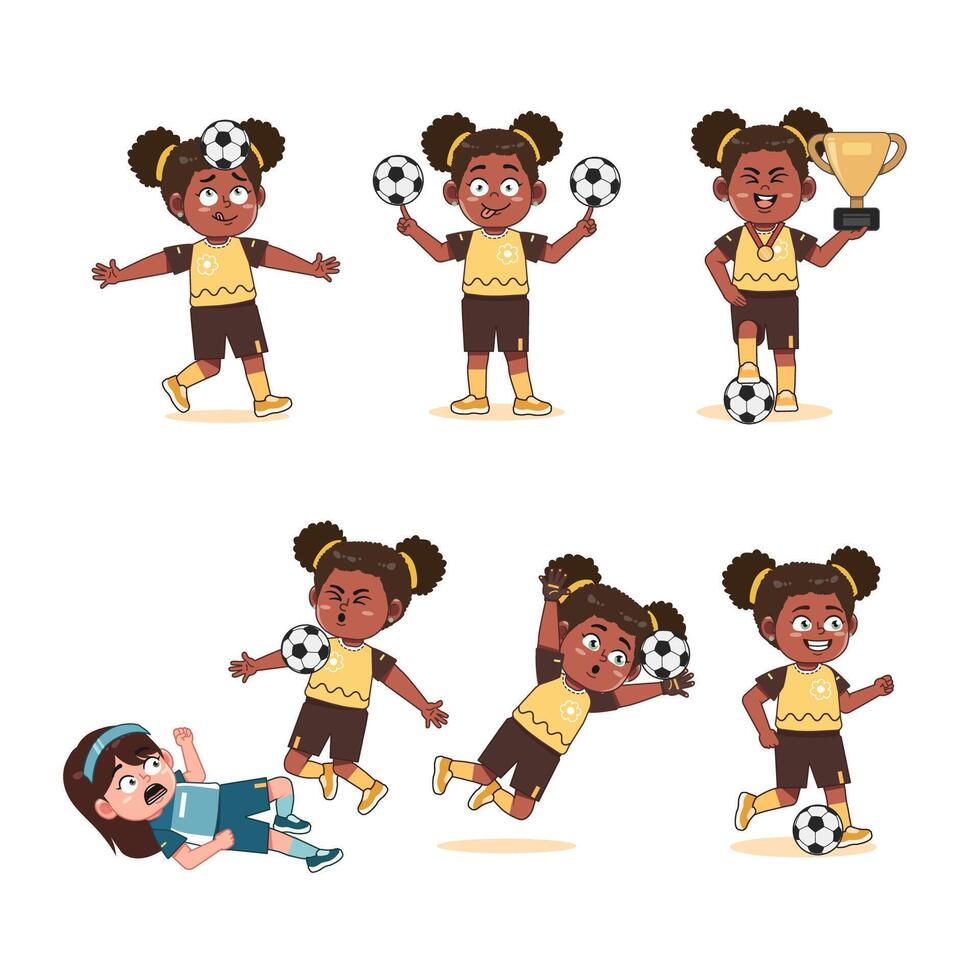 Cute African American Black Girl Character Cartoon Playing Football collections vector