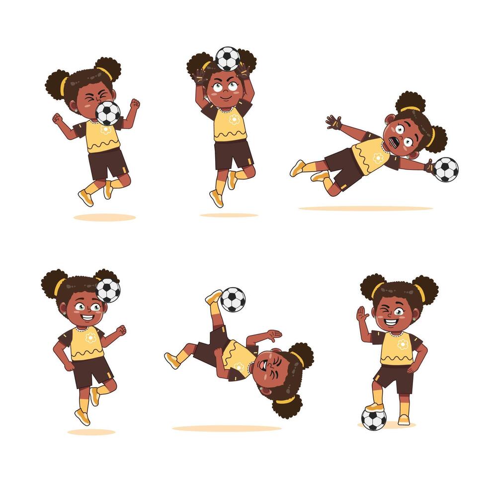 set of Cute African American Girl Character Cartoon Playing Football vector