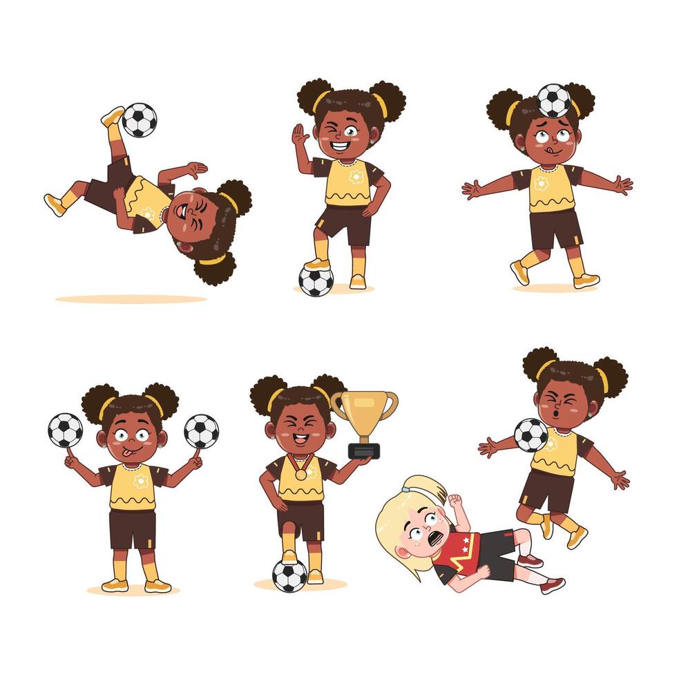 Cute African American Black Girl Character Cartoon Playing Football vector
