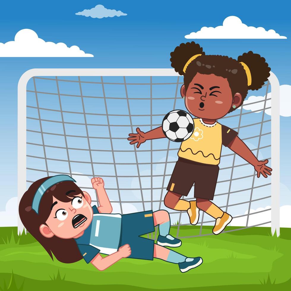 Cute Girl Character Playing Football With Friend Tackling vector