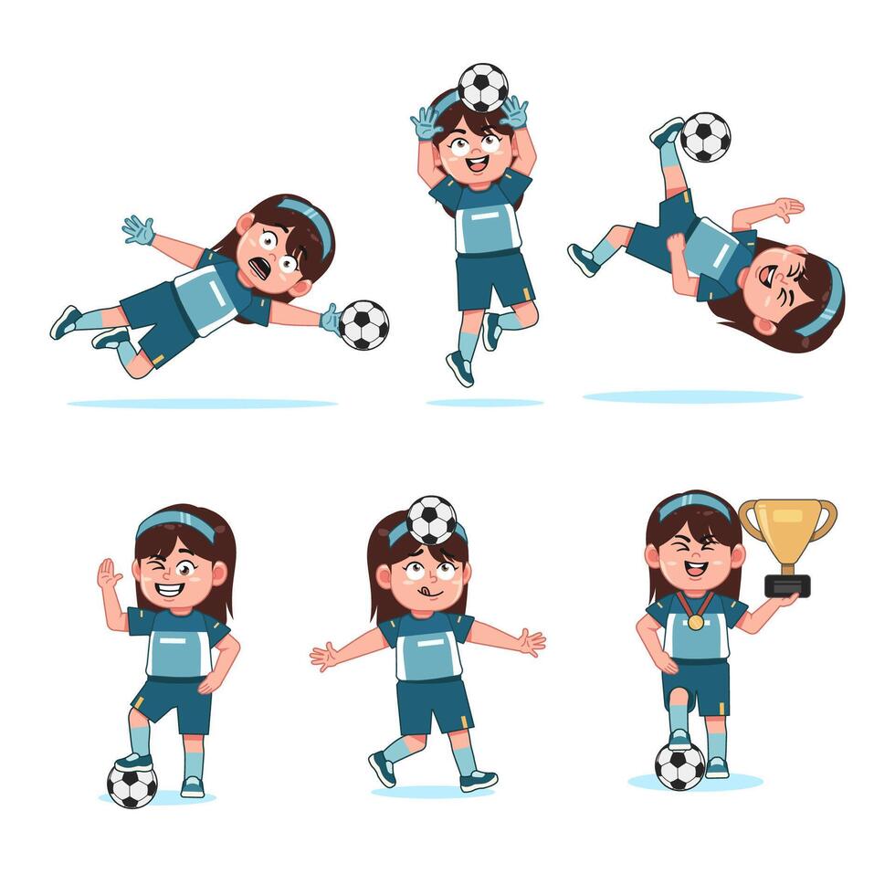 set of Cute Girl Character Playing Football with different pose vector