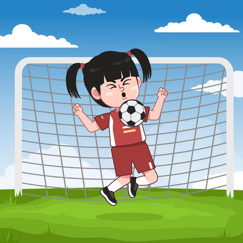 Cute Chinese Girl Cartoon Character Playing Football Control vector