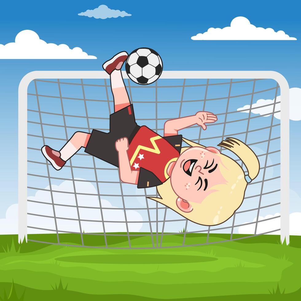 Cute Blonde Girl Character Playing Football Overhead Kick vector