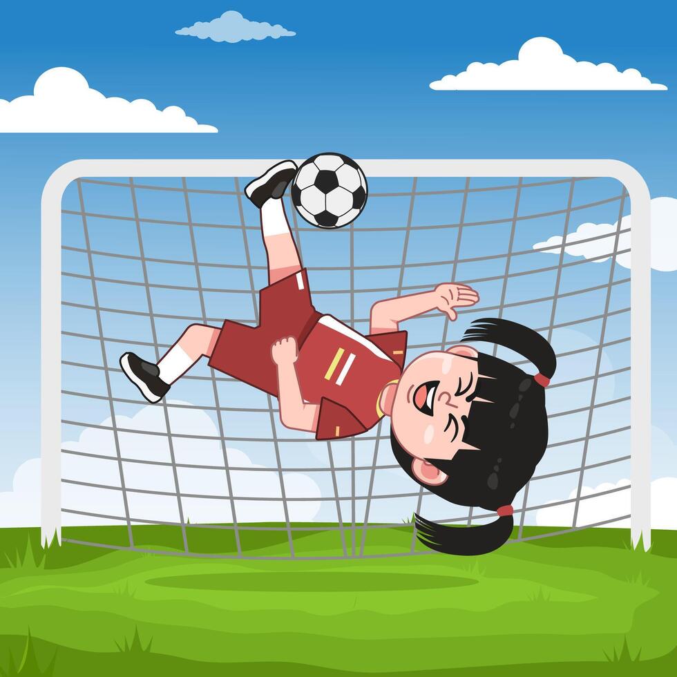 Cute Chinese Girl Cartoon Character Playing Football Over Head Kick vector