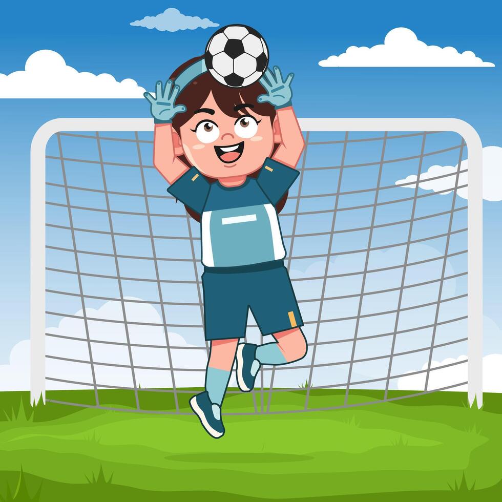 Cute Girl Character Playing Football Keeper Jump vector