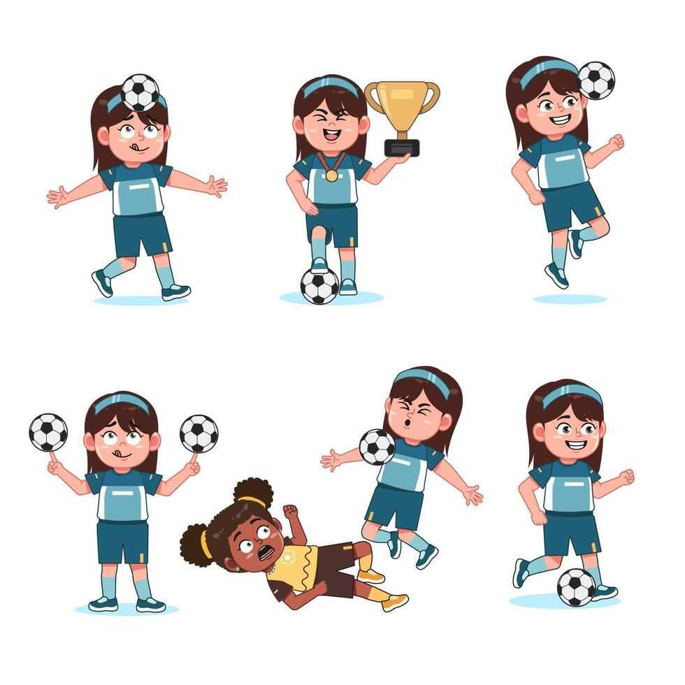 Cute Girl Long Hair Character Playing Football Set vector