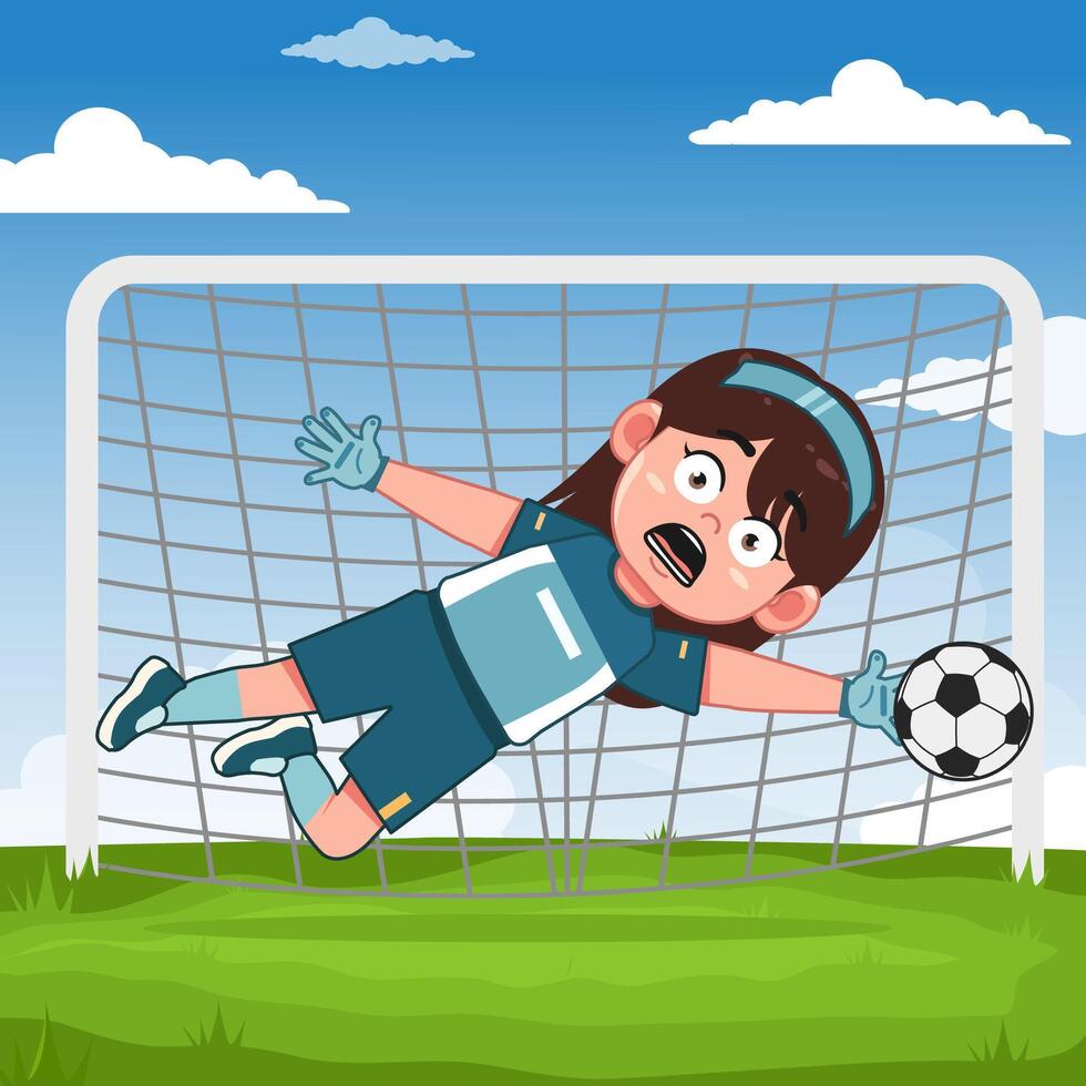 Cute Girl Character Playing Football Keeper Catch Ball vector